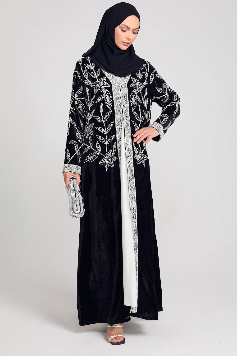 Luxury Velvet Pearl Embellished Open Abaya