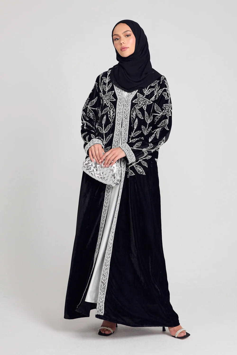Luxury Velvet Pearl Embellished Open Abaya