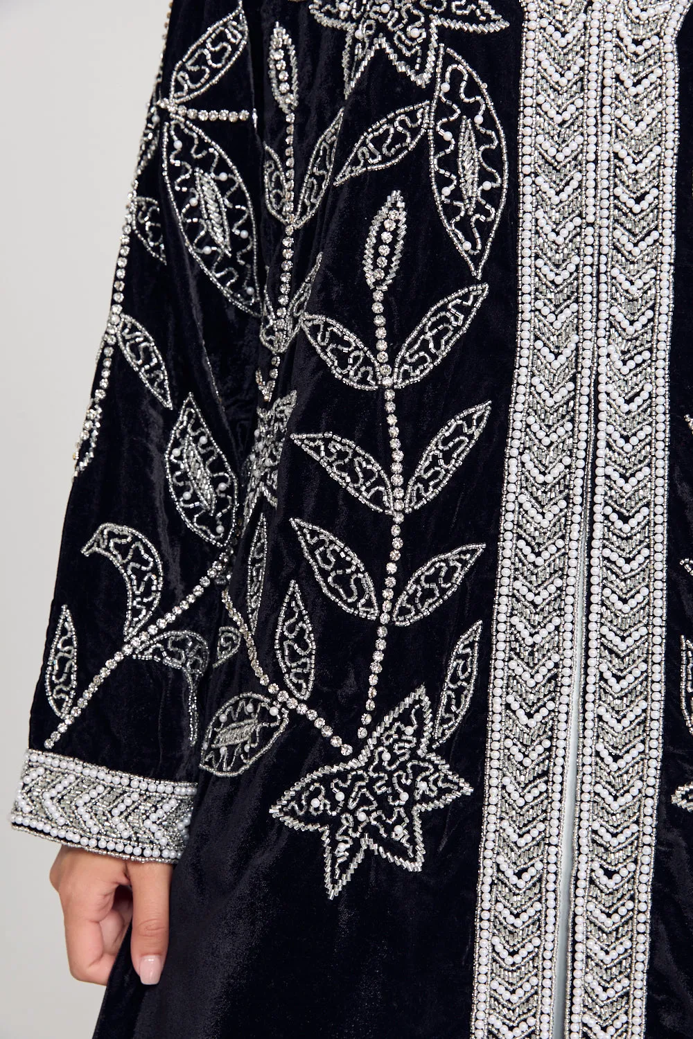 Luxury Velvet Pearl Embellished Open Abaya