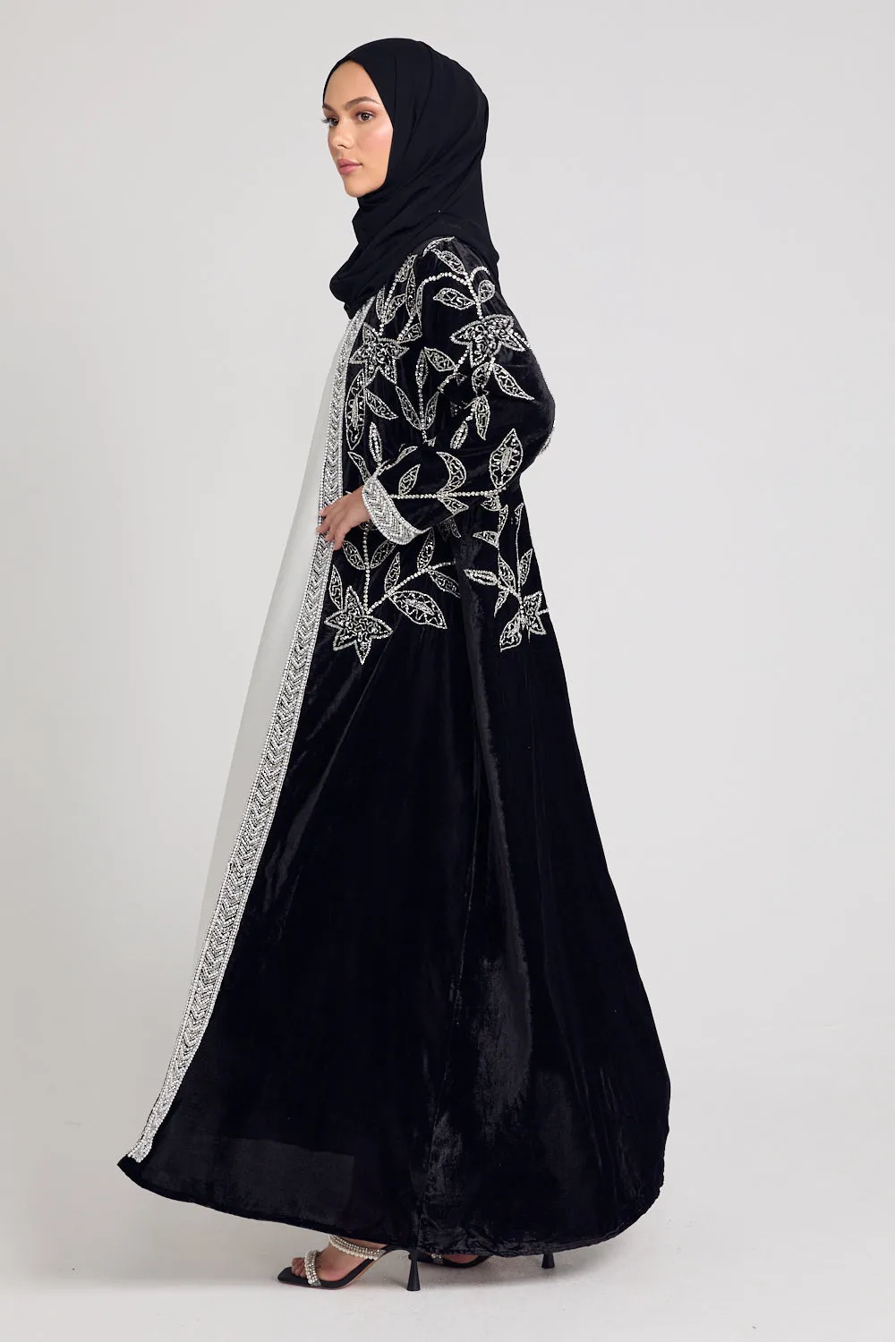 Luxury Velvet Pearl Embellished Open Abaya