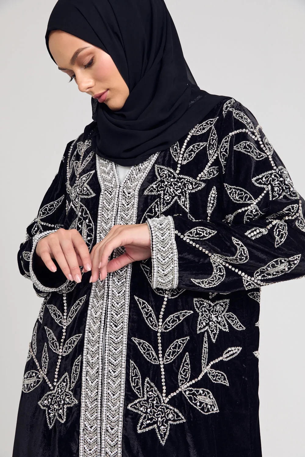 Luxury Velvet Pearl Embellished Open Abaya