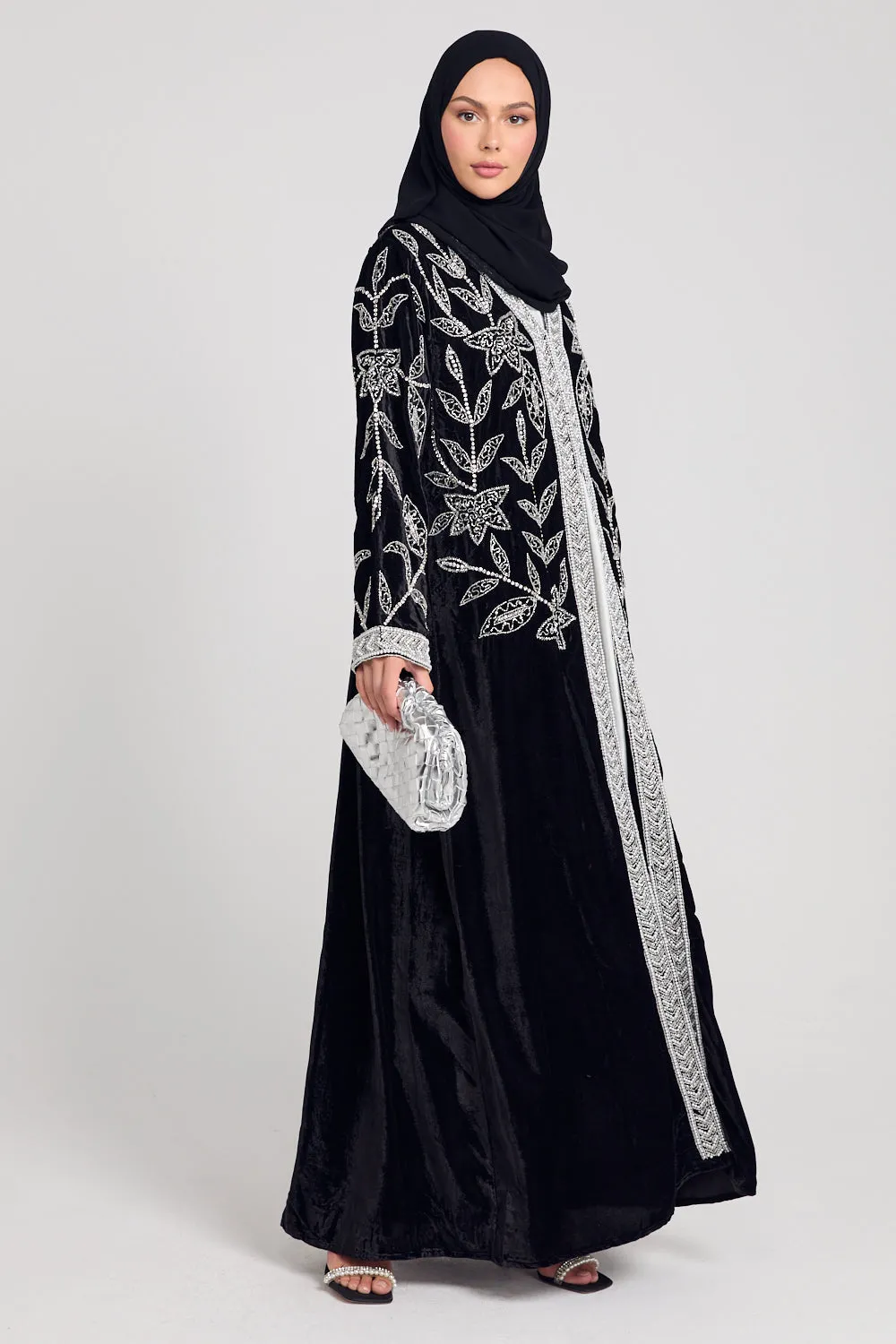 Luxury Velvet Pearl Embellished Open Abaya