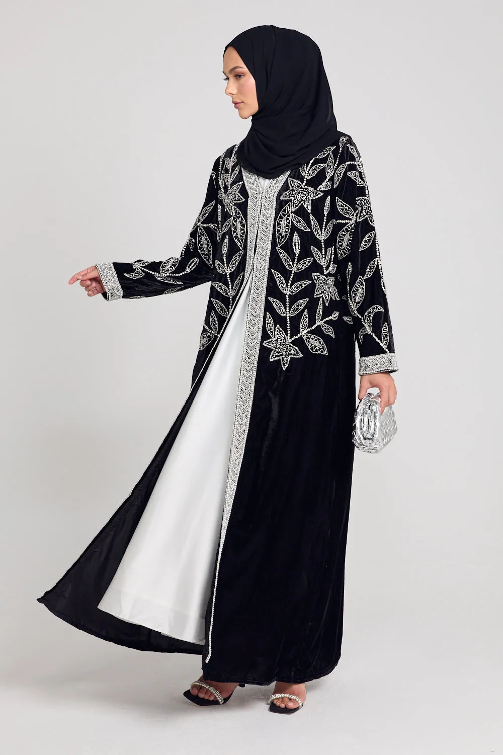 Luxury Velvet Pearl Embellished Open Abaya