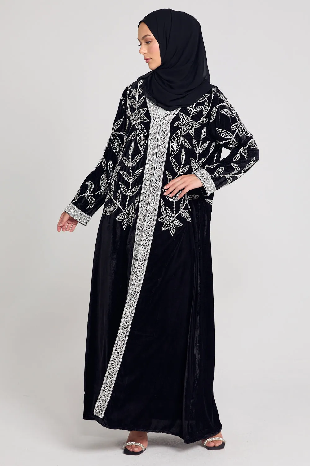 Luxury Velvet Pearl Embellished Open Abaya