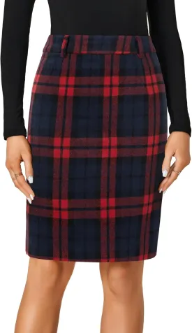 LYANER Women's Elegant Plaid Zipper High Waist Bodycon Fall Pencil Midi Skirt Knee Length