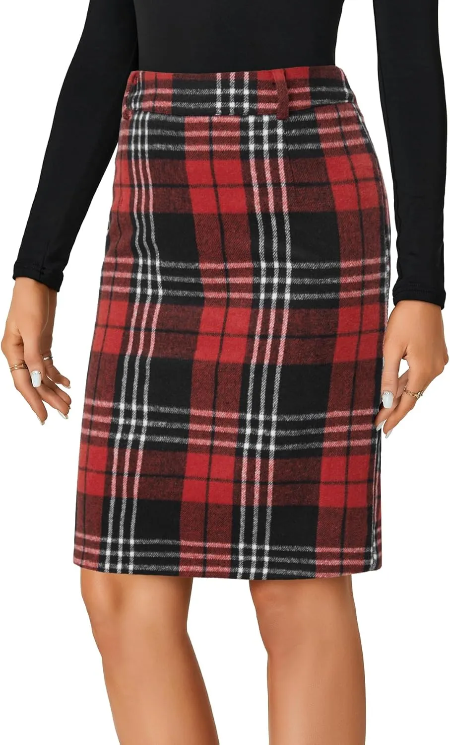 LYANER Women's Elegant Plaid Zipper High Waist Bodycon Fall Pencil Midi Skirt Knee Length