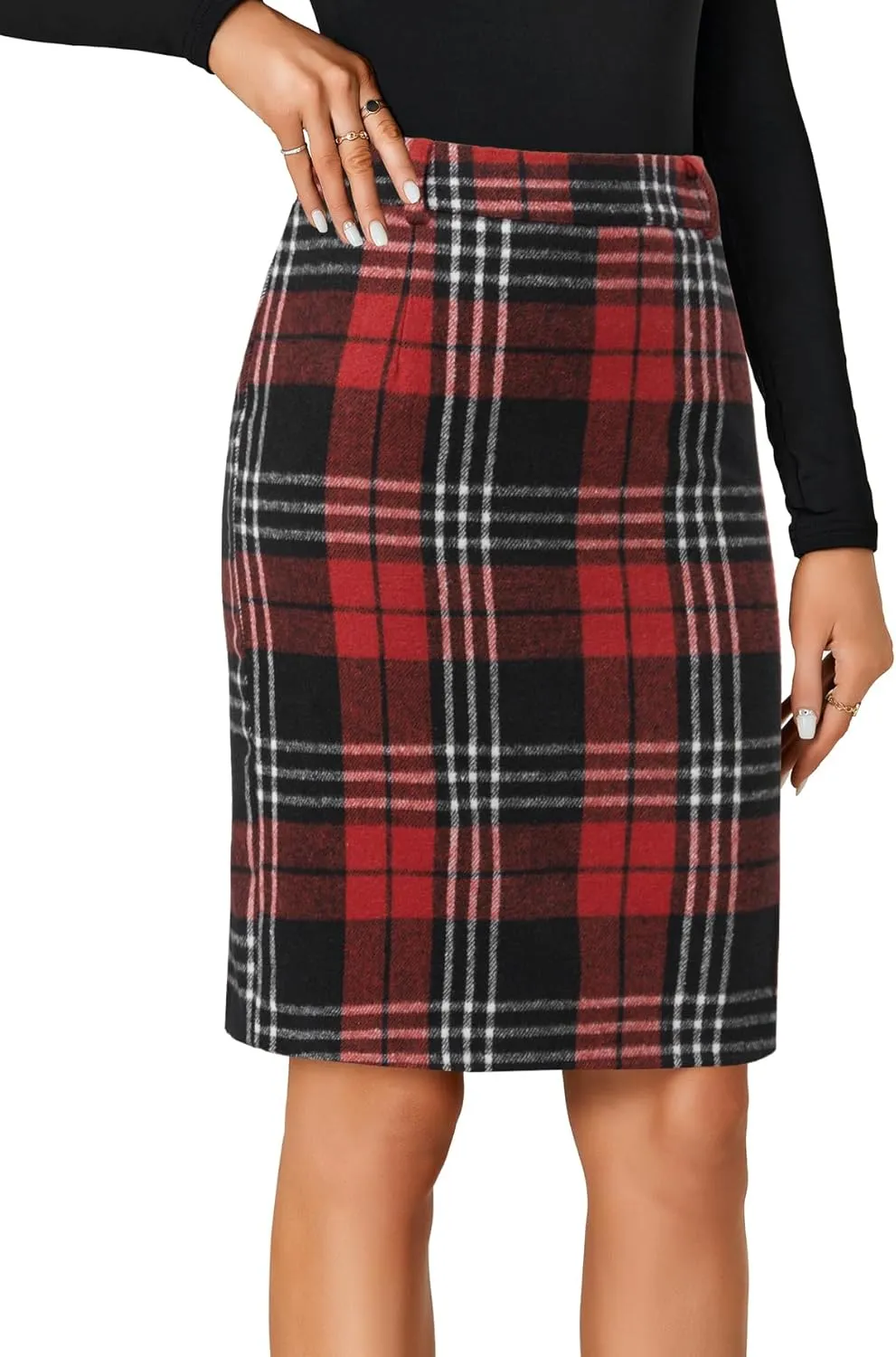 LYANER Women's Elegant Plaid Zipper High Waist Bodycon Fall Pencil Midi Skirt Knee Length
