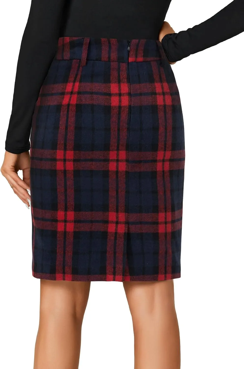 LYANER Women's Elegant Plaid Zipper High Waist Bodycon Fall Pencil Midi Skirt Knee Length
