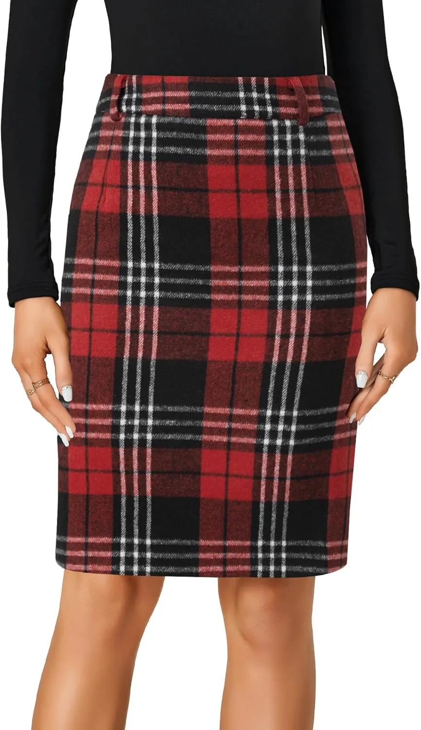 LYANER Women's Elegant Plaid Zipper High Waist Bodycon Fall Pencil Midi Skirt Knee Length