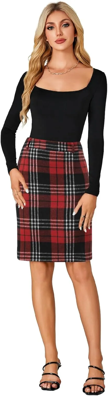 LYANER Women's Elegant Plaid Zipper High Waist Bodycon Fall Pencil Midi Skirt Knee Length