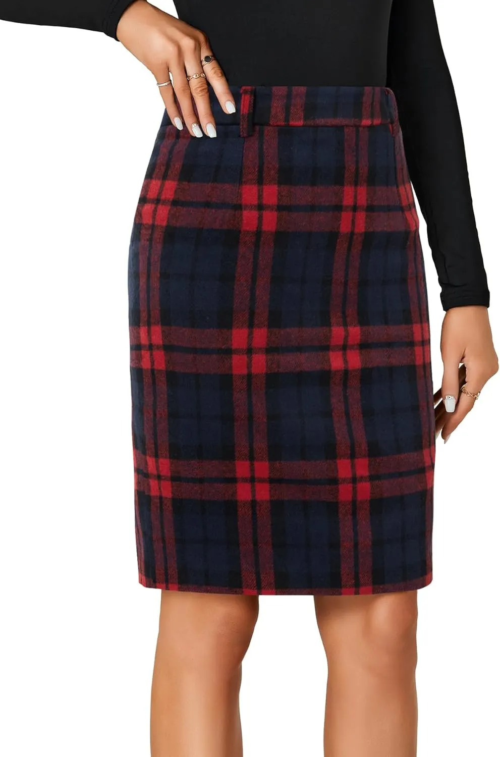 LYANER Women's Elegant Plaid Zipper High Waist Bodycon Fall Pencil Midi Skirt Knee Length
