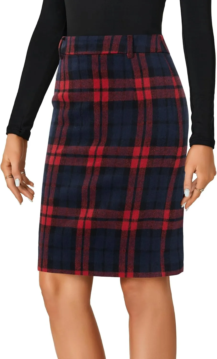 LYANER Women's Elegant Plaid Zipper High Waist Bodycon Fall Pencil Midi Skirt Knee Length