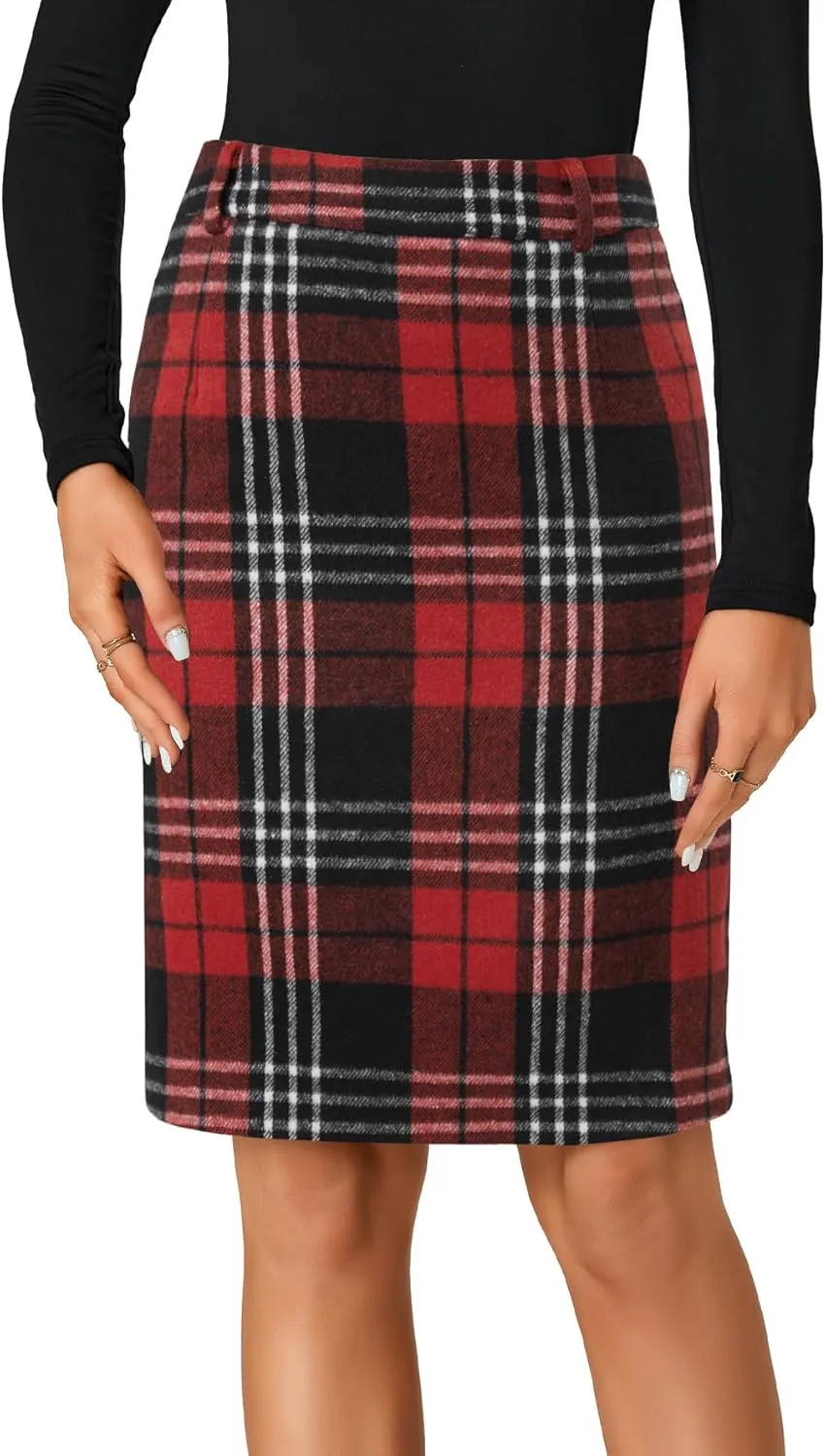 LYANER Women's Elegant Plaid Zipper High Waist Bodycon Fall Pencil Midi Skirt Knee Length
