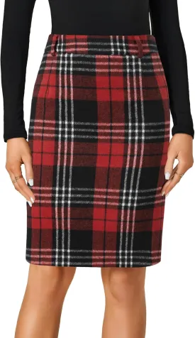LYANER Women's Elegant Plaid Zipper High Waist Bodycon Fall Pencil Midi Skirt Knee Length