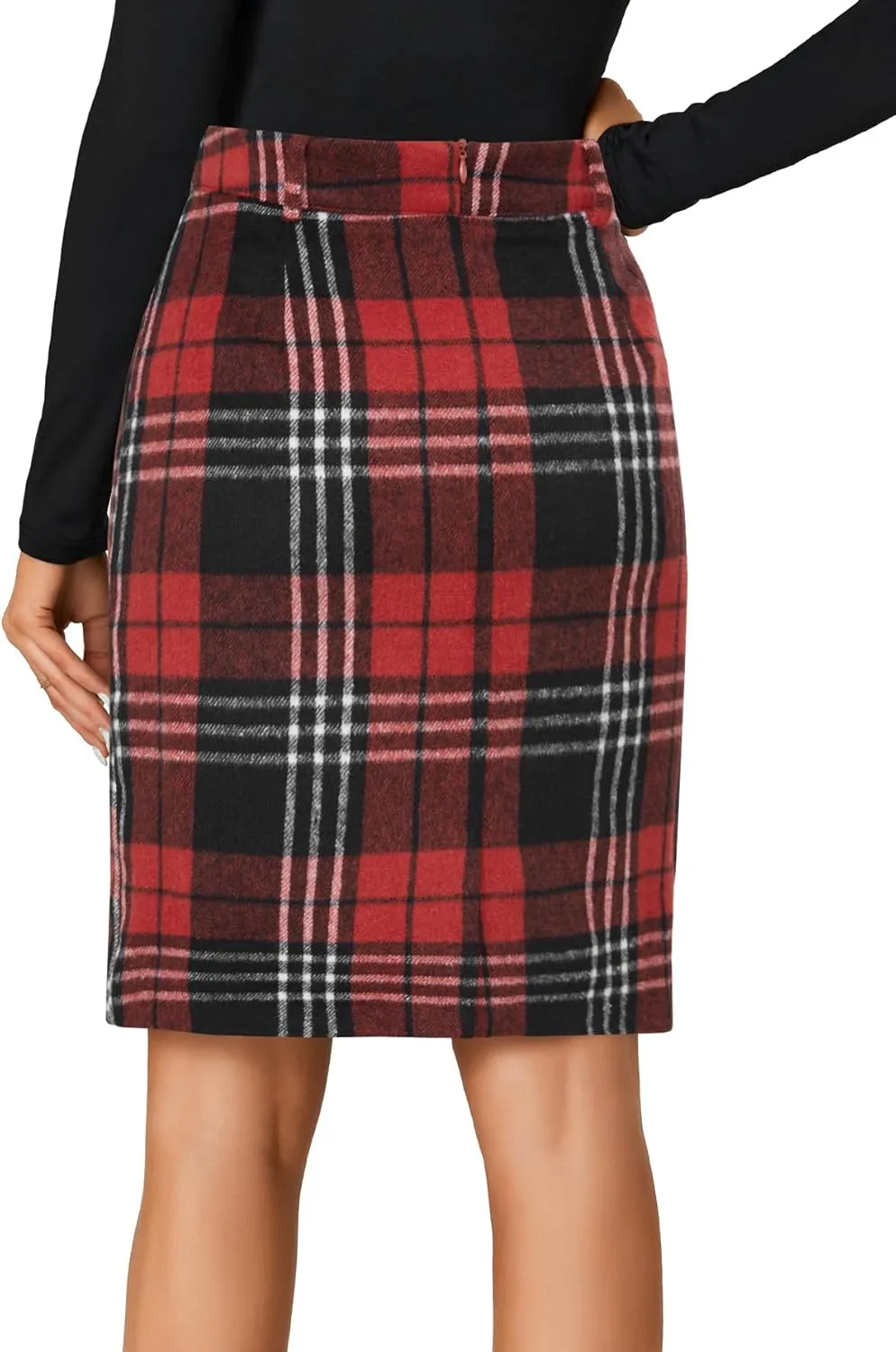 LYANER Women's Elegant Plaid Zipper High Waist Bodycon Fall Pencil Midi Skirt Knee Length