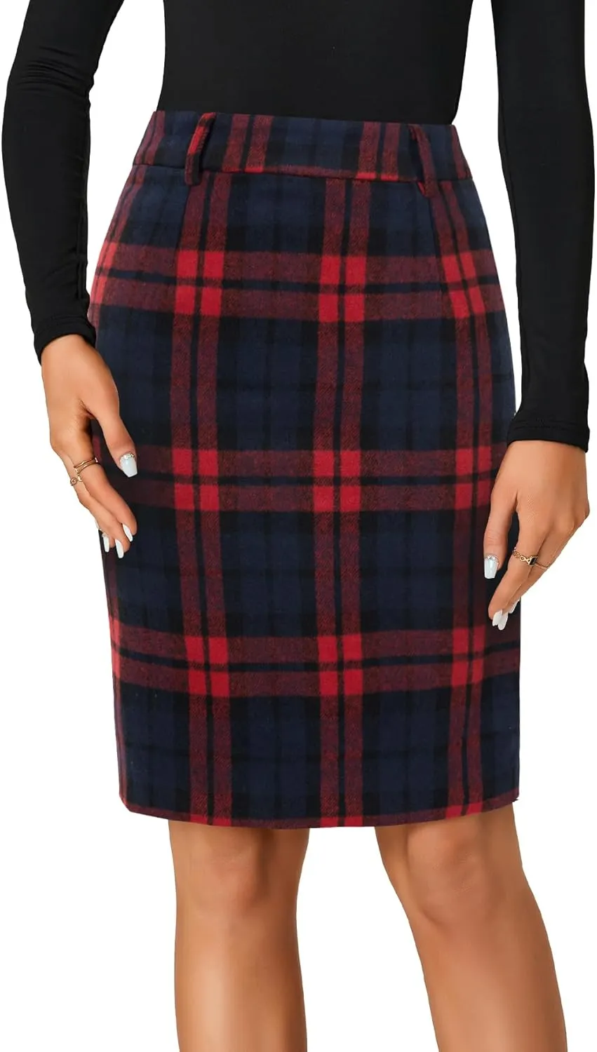 LYANER Women's Elegant Plaid Zipper High Waist Bodycon Fall Pencil Midi Skirt Knee Length