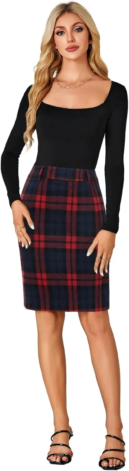 LYANER Women's Elegant Plaid Zipper High Waist Bodycon Fall Pencil Midi Skirt Knee Length