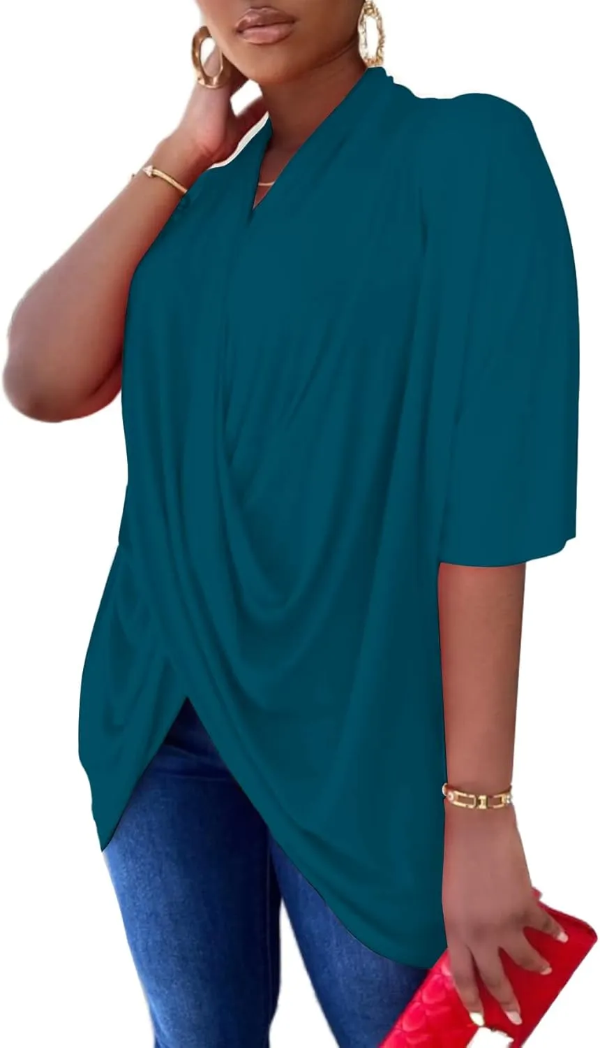LYANER Women's Wrap V Neck Ruched Short Sleeve Split Hem Blouse Shirt Tunic Top