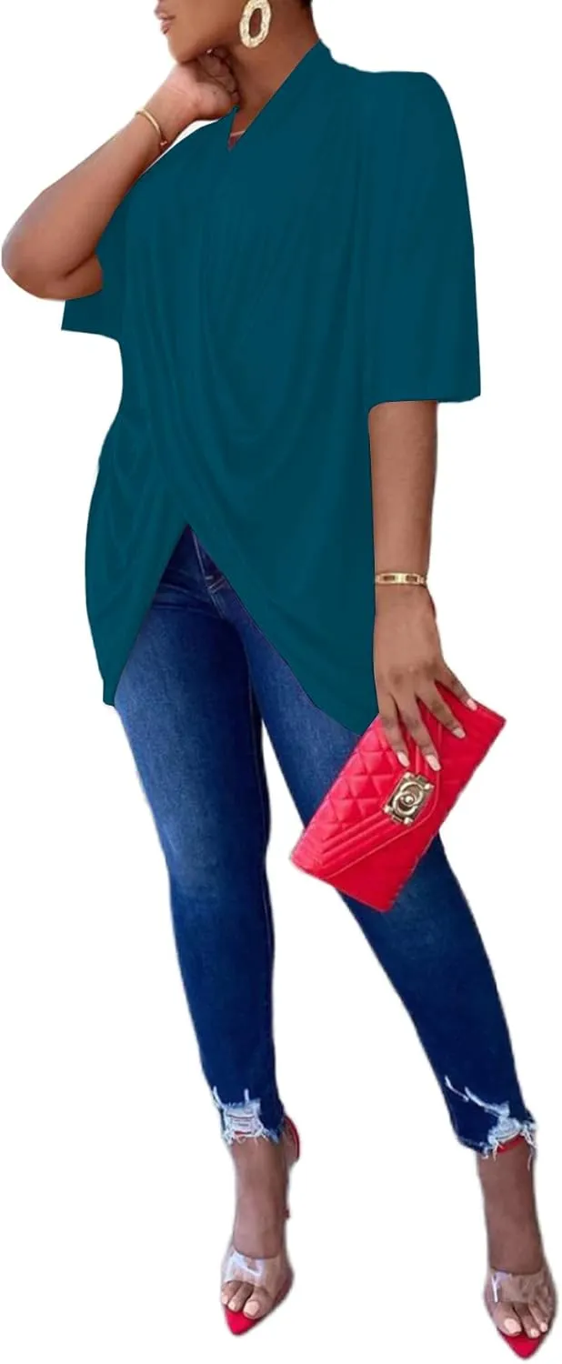 LYANER Women's Wrap V Neck Ruched Short Sleeve Split Hem Blouse Shirt Tunic Top