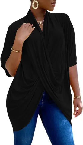 LYANER Women's Wrap V Neck Ruched Short Sleeve Split Hem Blouse Shirt Tunic Top