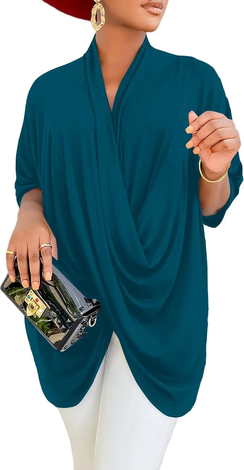 LYANER Women's Wrap V Neck Ruched Short Sleeve Split Hem Blouse Shirt Tunic Top