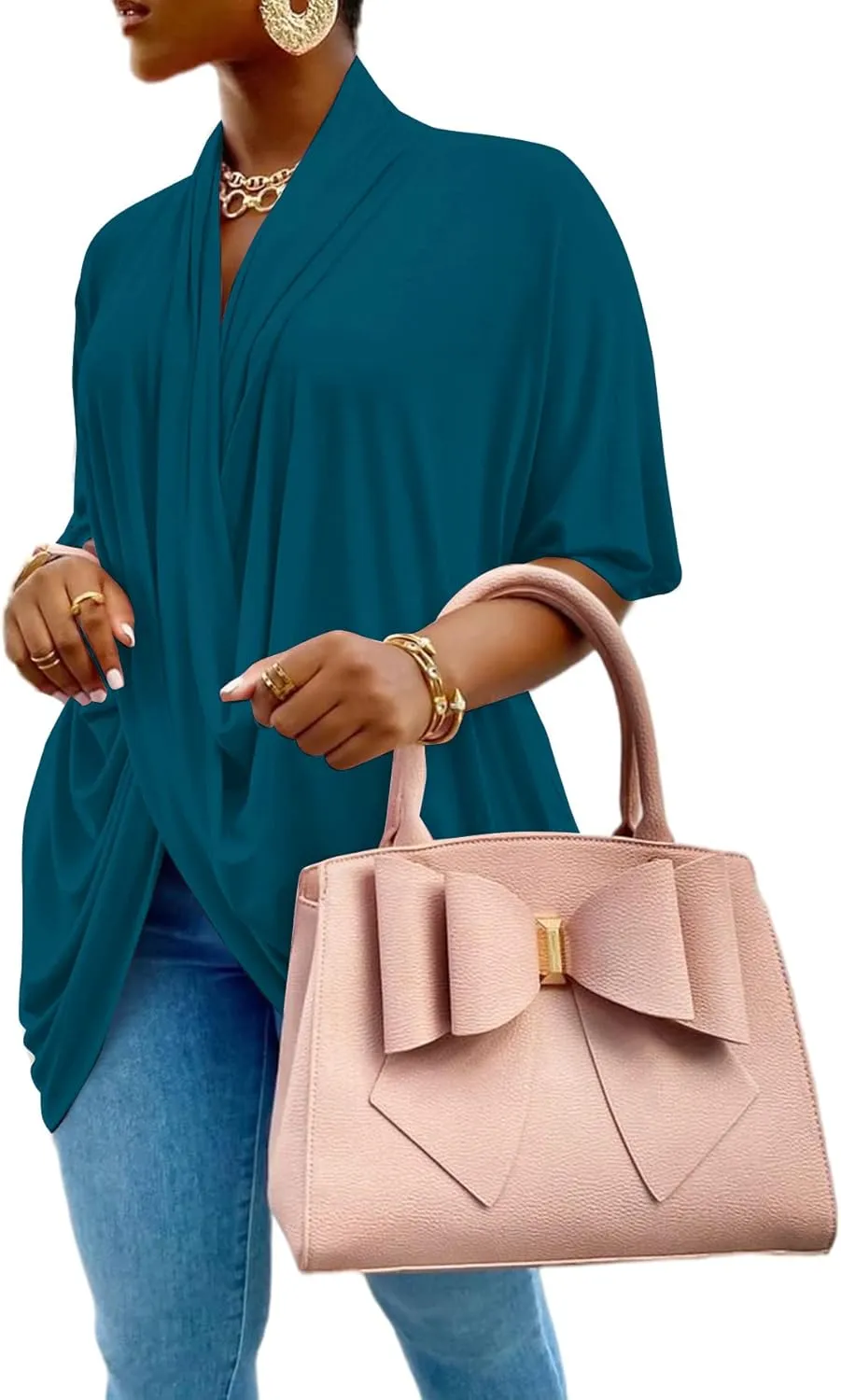LYANER Women's Wrap V Neck Ruched Short Sleeve Split Hem Blouse Shirt Tunic Top