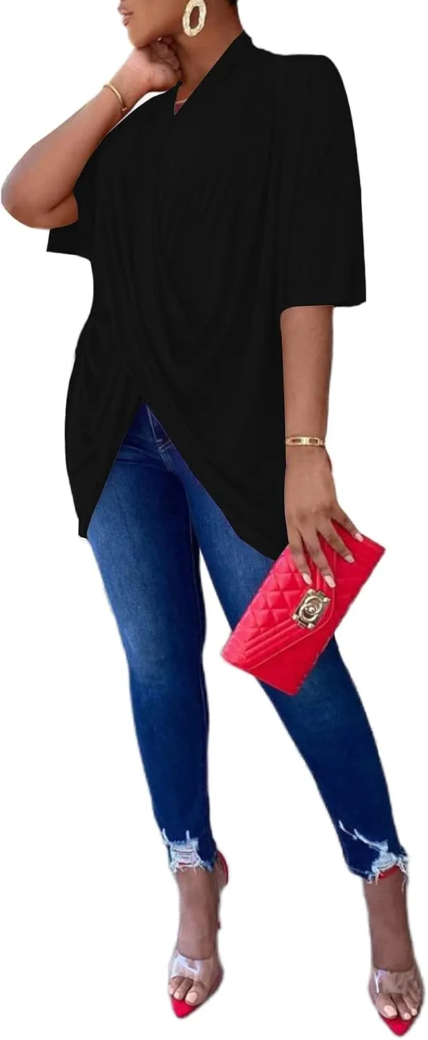 LYANER Women's Wrap V Neck Ruched Short Sleeve Split Hem Blouse Shirt Tunic Top
