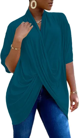 LYANER Women's Wrap V Neck Ruched Short Sleeve Split Hem Blouse Shirt Tunic Top