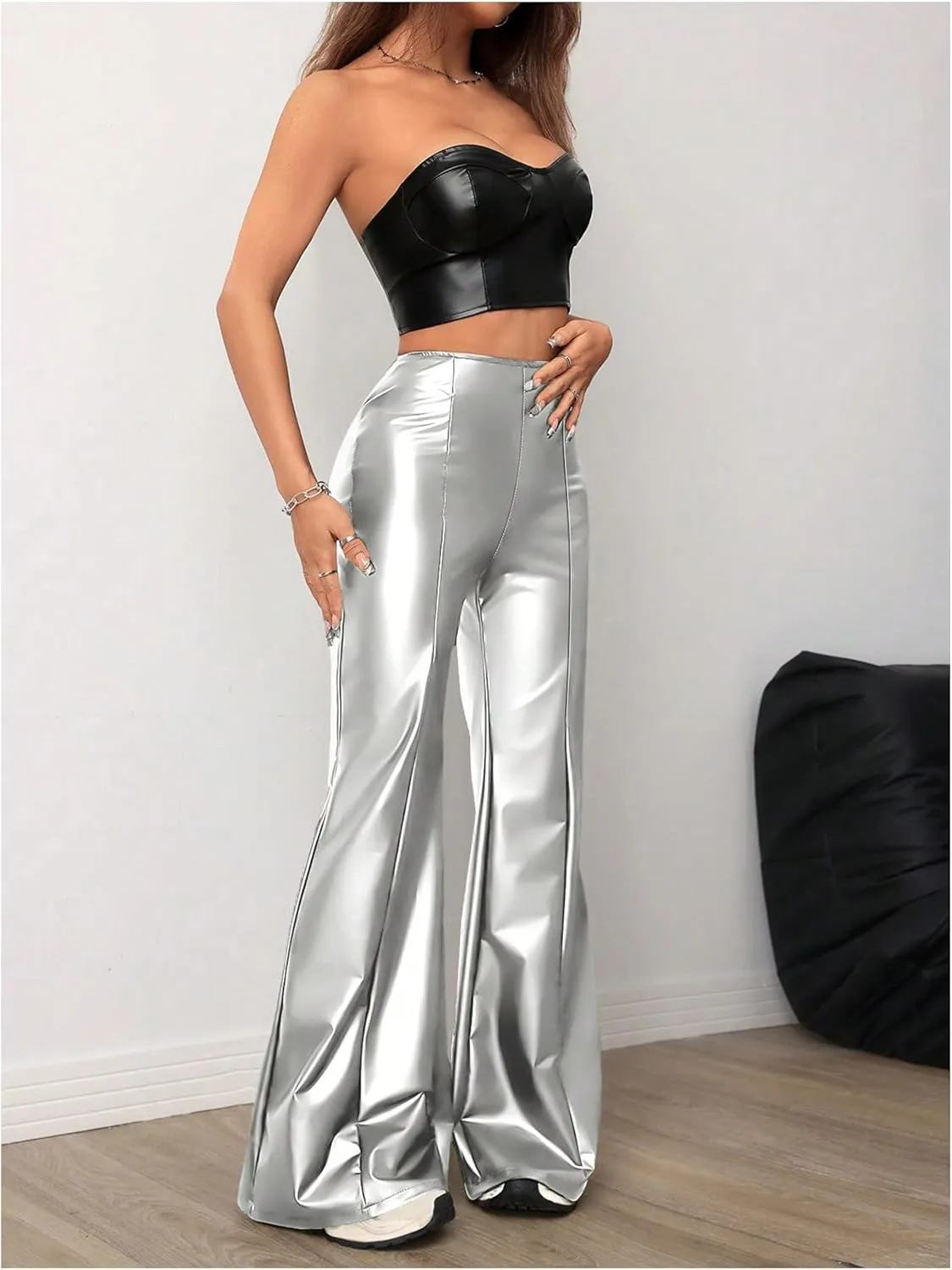 MakeMeChic Women's Faux Leather Pants Wide Leg Straight Baggy Trousers with Pockets