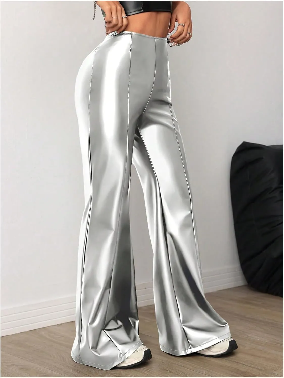 MakeMeChic Women's Faux Leather Pants Wide Leg Straight Baggy Trousers with Pockets
