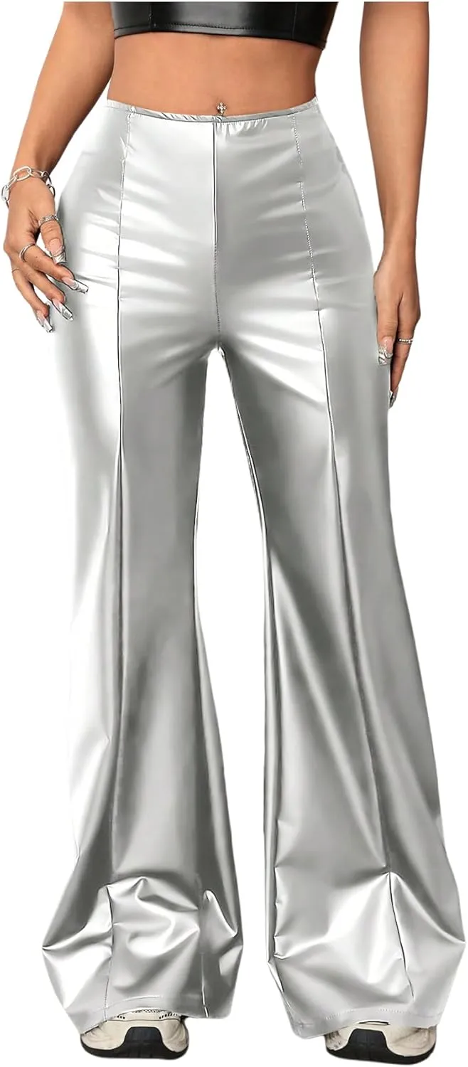 MakeMeChic Women's Faux Leather Pants Wide Leg Straight Baggy Trousers with Pockets