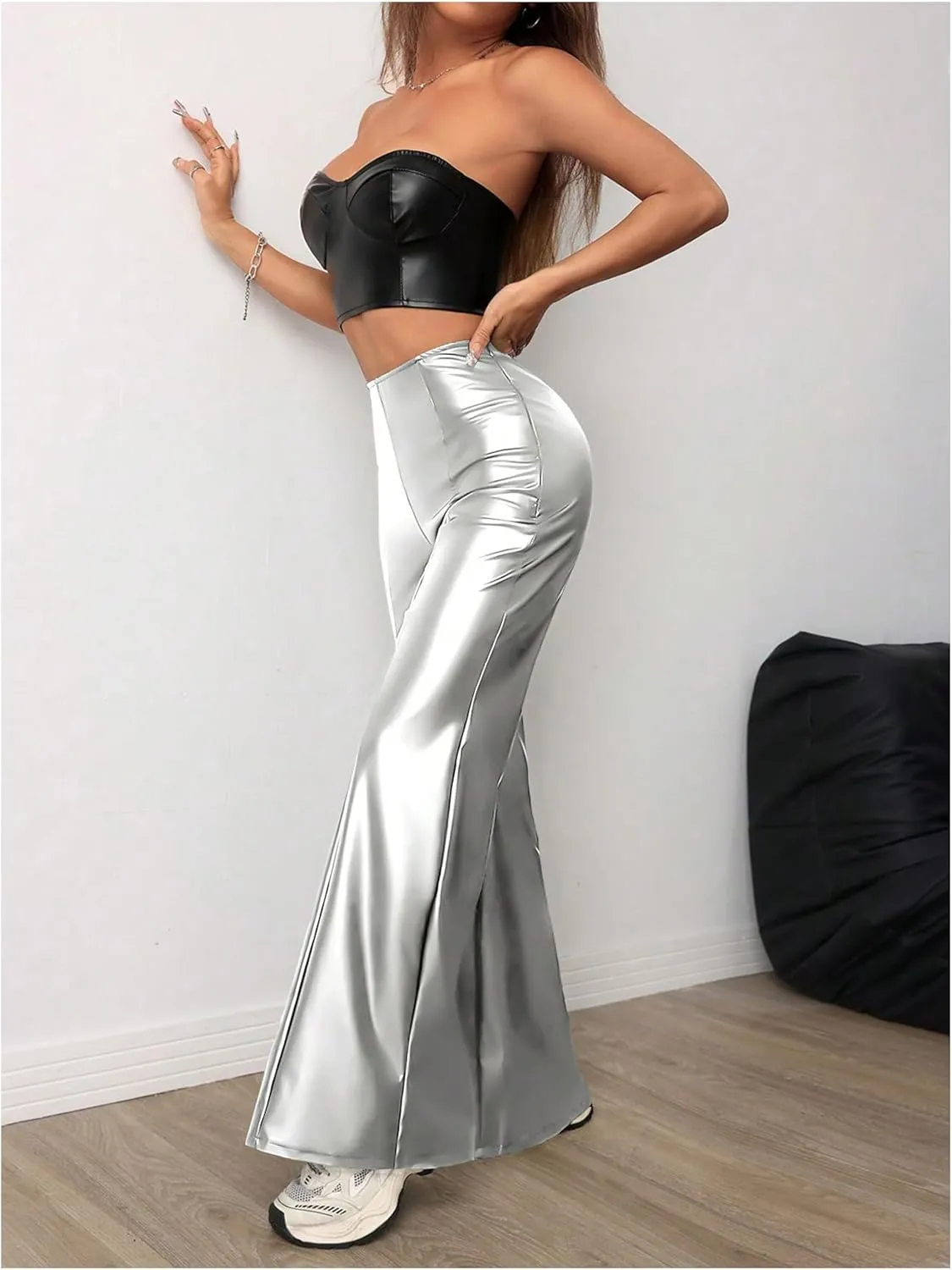 MakeMeChic Women's Faux Leather Pants Wide Leg Straight Baggy Trousers with Pockets