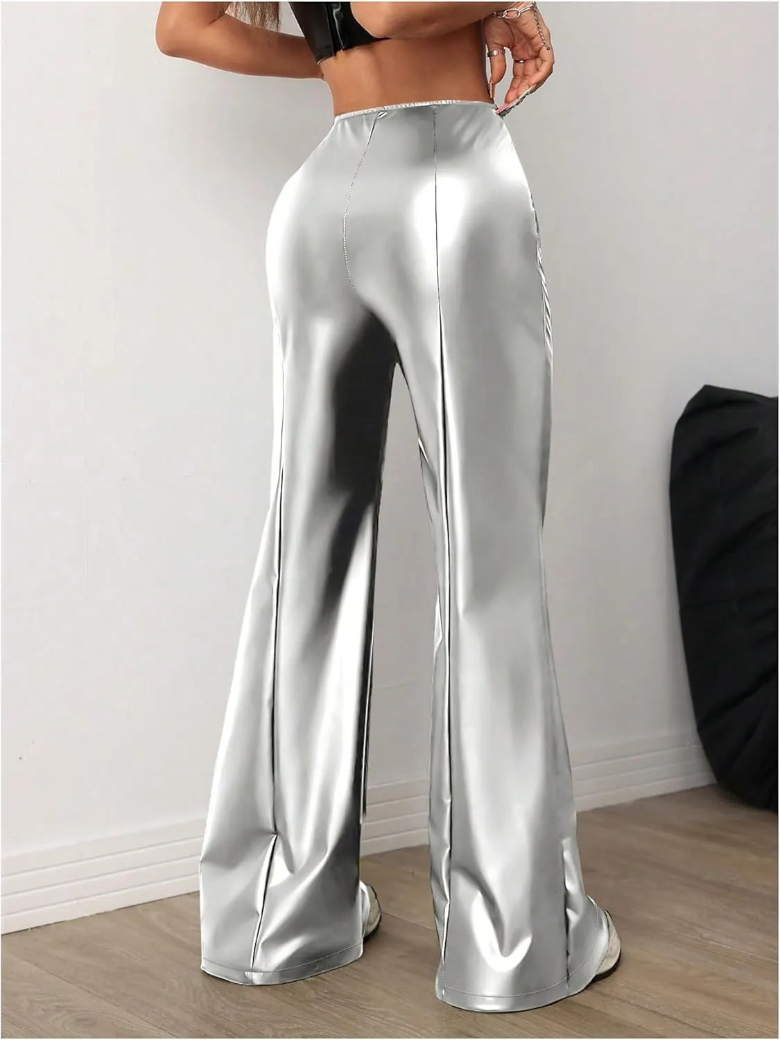 MakeMeChic Women's Faux Leather Pants Wide Leg Straight Baggy Trousers with Pockets