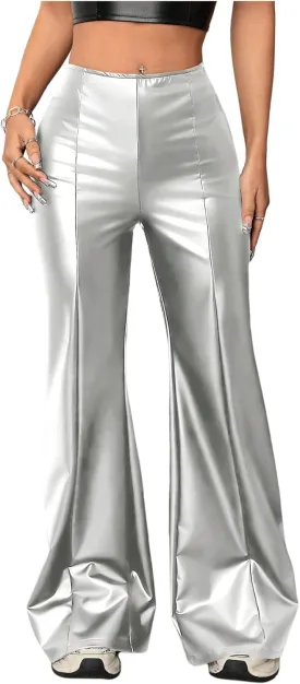 MakeMeChic Women's Faux Leather Pants Wide Leg Straight Baggy Trousers with Pockets