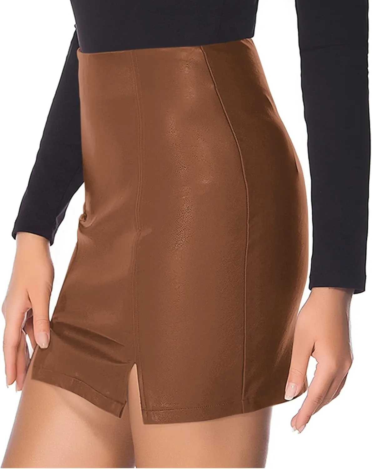 MANGOPOP Women's Basic High Waist Faux Leather Bodycon Mini Pencil Skirt