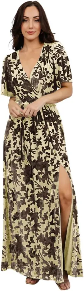 Maxianever Velvet Maxi Dresses for Women Floral Short Sleeve V Neck Long Wedding Guest Gown with Slit