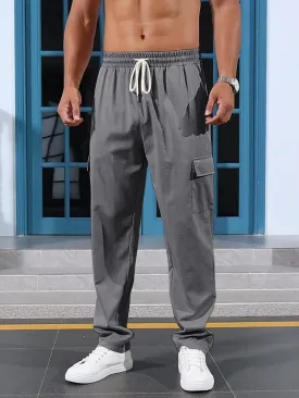 Mens Casual Cargo Pants Summer Vacation Lightweight Drawstring Pants Elastic Waist Beach Yoga Trousers with Pockets