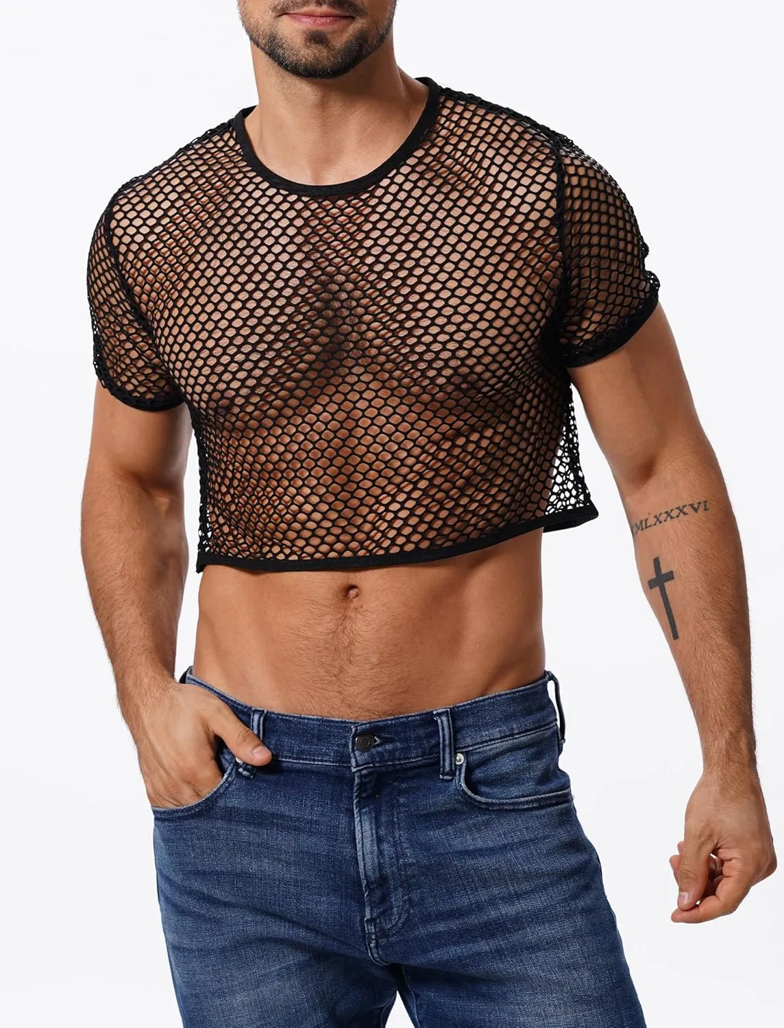 Men's Fishnet Shirts Sheer Short Sleeve Crop Top Mesh Tank Tops Rave Going Out Dance Tops