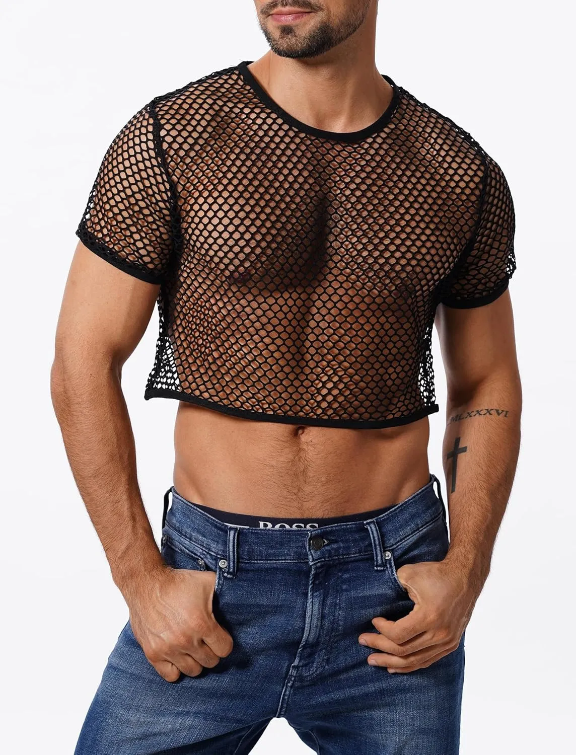 Men's Fishnet Shirts Sheer Short Sleeve Crop Top Mesh Tank Tops Rave Going Out Dance Tops