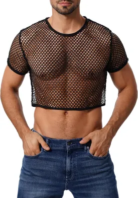 Men's Fishnet Shirts Sheer Short Sleeve Crop Top Mesh Tank Tops Rave Going Out Dance Tops