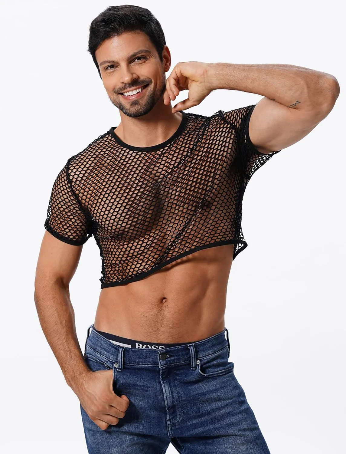 Men's Fishnet Shirts Sheer Short Sleeve Crop Top Mesh Tank Tops Rave Going Out Dance Tops
