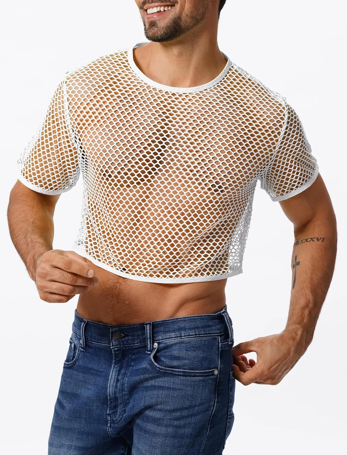 Men's Fishnet Shirts Sheer Short Sleeve Crop Top Mesh Tank Tops Rave Going Out Dance Tops