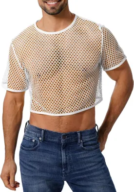 Men's Fishnet Shirts Sheer Short Sleeve Crop Top Mesh Tank Tops Rave Going Out Dance Tops