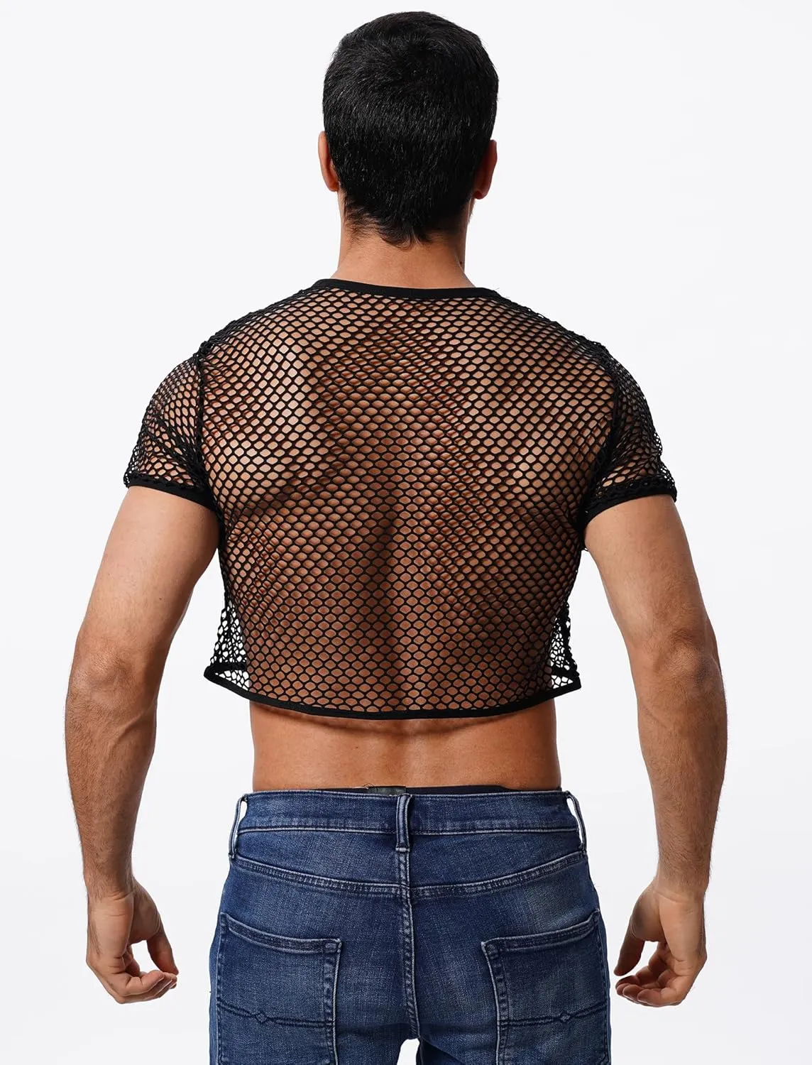 Men's Fishnet Shirts Sheer Short Sleeve Crop Top Mesh Tank Tops Rave Going Out Dance Tops