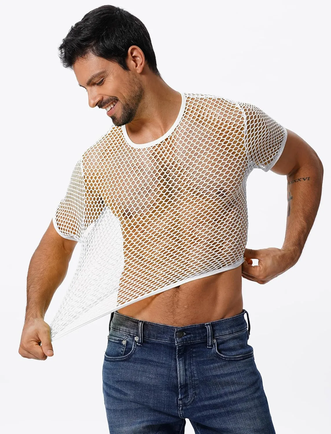 Men's Fishnet Shirts Sheer Short Sleeve Crop Top Mesh Tank Tops Rave Going Out Dance Tops