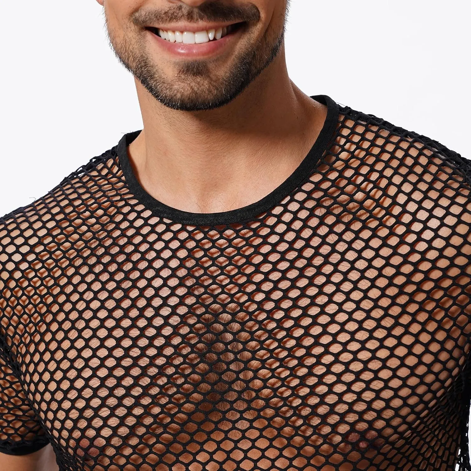 Men's Fishnet Shirts Sheer Short Sleeve Crop Top Mesh Tank Tops Rave Going Out Dance Tops