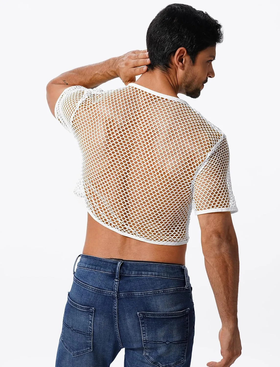 Men's Fishnet Shirts Sheer Short Sleeve Crop Top Mesh Tank Tops Rave Going Out Dance Tops