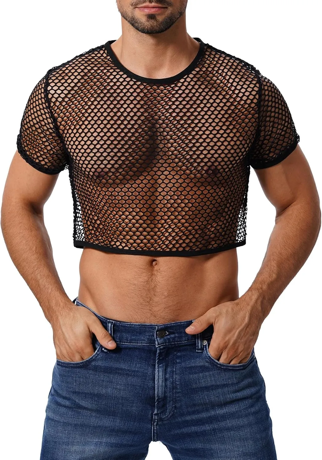 Men's Fishnet Shirts Sheer Short Sleeve Crop Top Mesh Tank Tops Rave Going Out Dance Tops