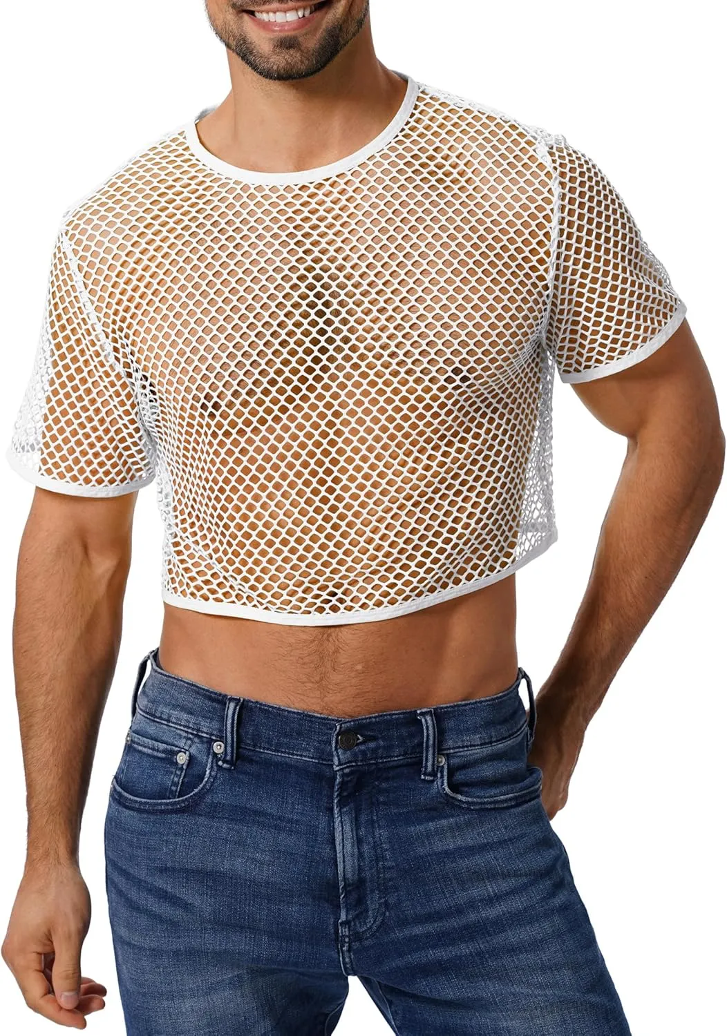 Men's Fishnet Shirts Sheer Short Sleeve Crop Top Mesh Tank Tops Rave Going Out Dance Tops