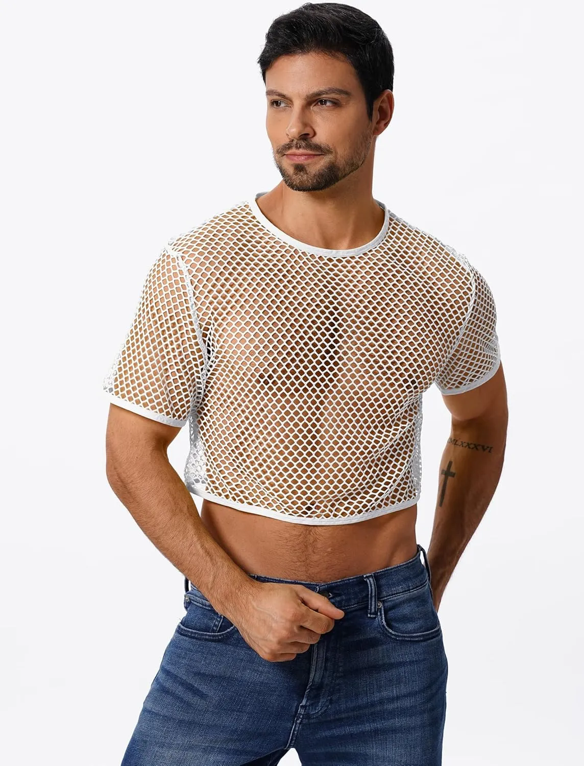 Men's Fishnet Shirts Sheer Short Sleeve Crop Top Mesh Tank Tops Rave Going Out Dance Tops